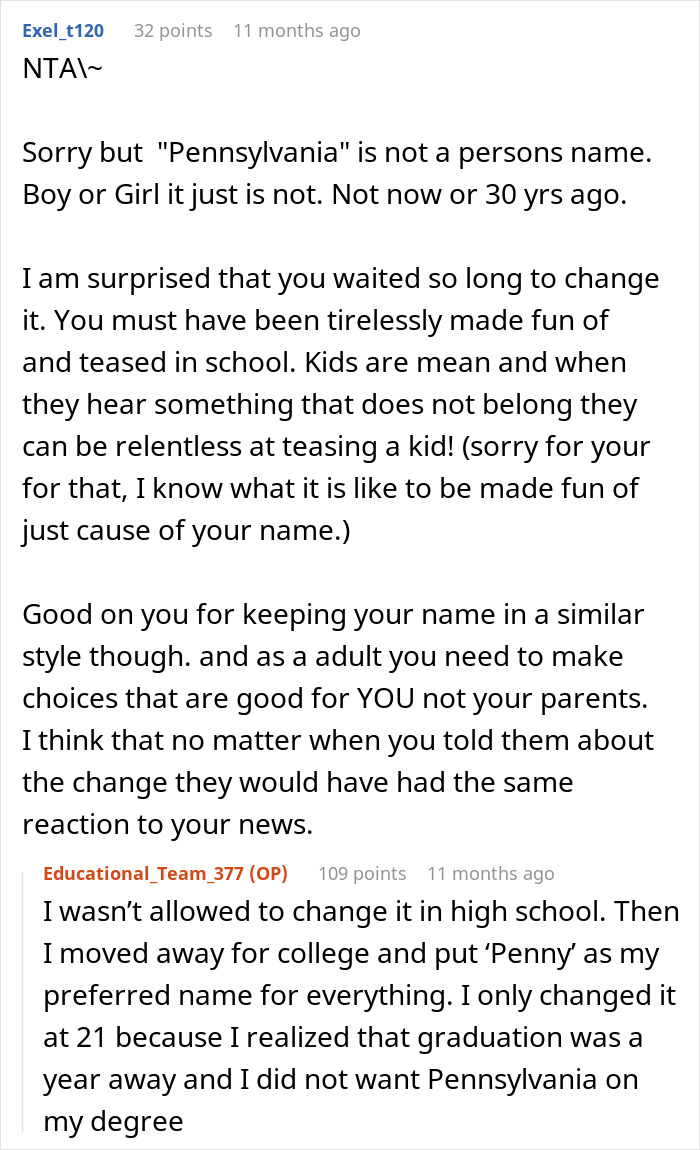 Reddit comment discussing a name change experience, mentioning teasing in school and the decision to use a preferred name.