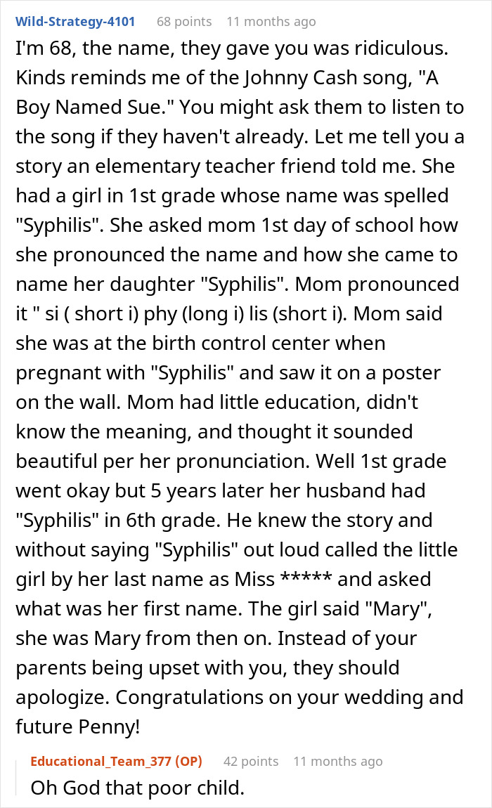Reddit comment about name change story and parent's reaction, discussing keeping it secret for five years.