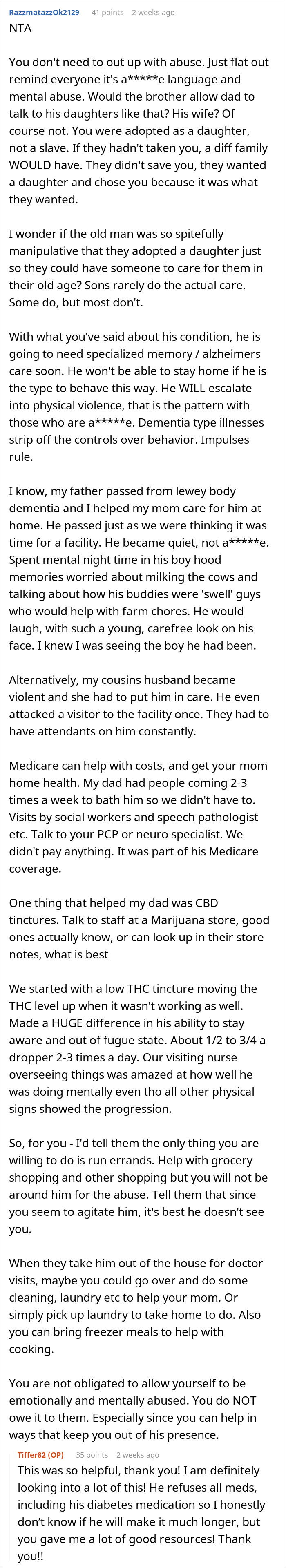 Reddit post discussion about refusing care for a cruel father, emphasizing independence and seeking specialized help.
