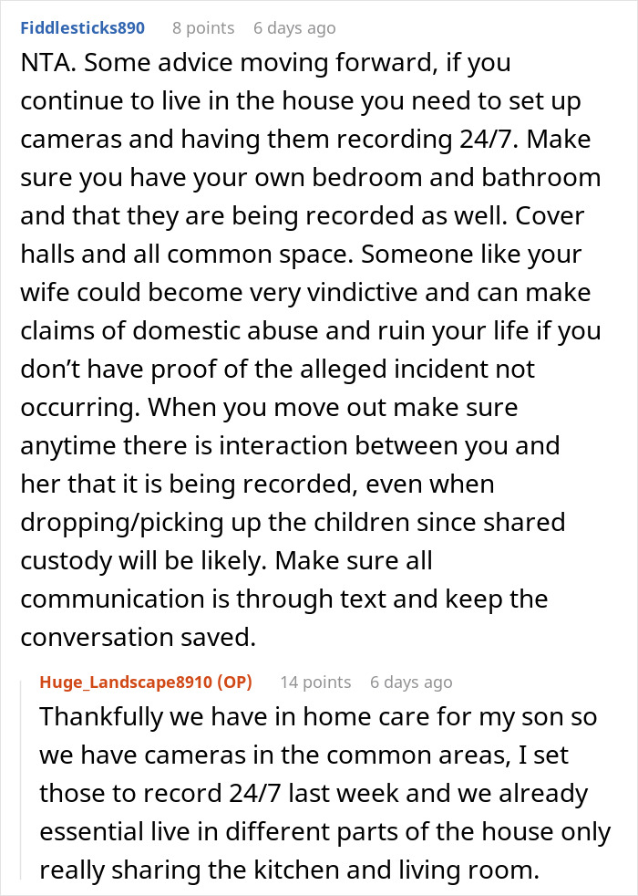 Reddit comment advises on recording interactions for domestic issues, suggesting caution with wife's possible vindictive actions.
