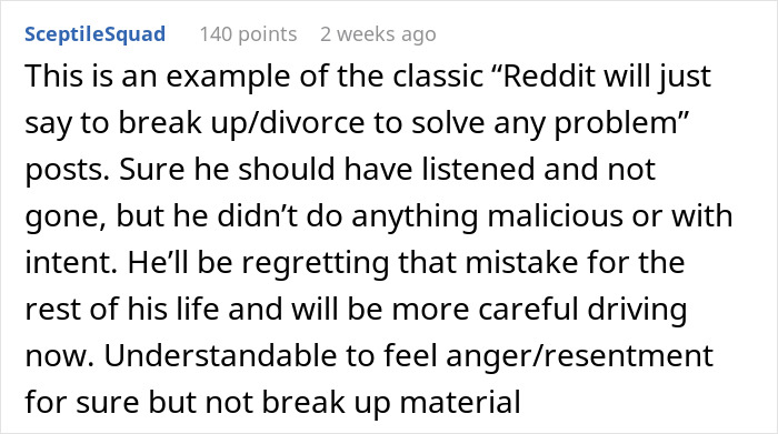 Comment discussing a woman furious about bearing physical consequences of an accident caused by her fiancé. Comment discussing a woman furious about bearing physical consequences of an accident caused by her fiancé.