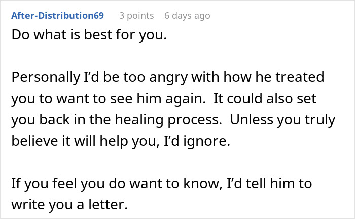 Reddit comment advising a woman to ignore her ex, reflecting on relationship breakup and healing.