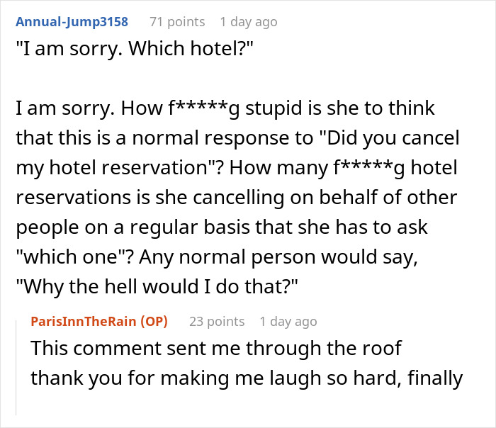 Reddit comment discussing honeymoon hotel cancellation and the absurdity of the situation.