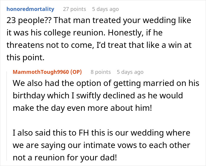 Reddit comments about future father-in-law inviting 23 people to wedding, causing bride's anger.