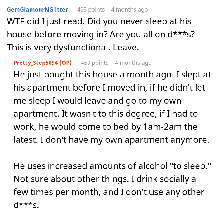 Screenshot of an online discussion about boyfriend depriving girlfriend of proper sleep for weeks and relationship struggles. Screenshot of an online discussion about boyfriend depriving girlfriend of proper sleep for weeks and relationship struggles.