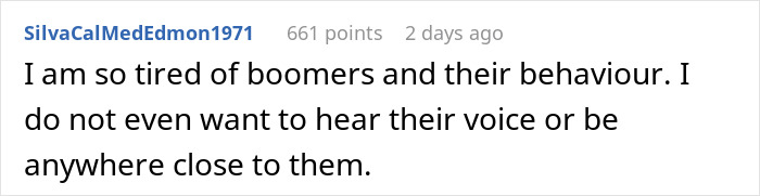 Commenter expressing frustration with boomers&rsquo; behavior and their impact on others in an online discussion.