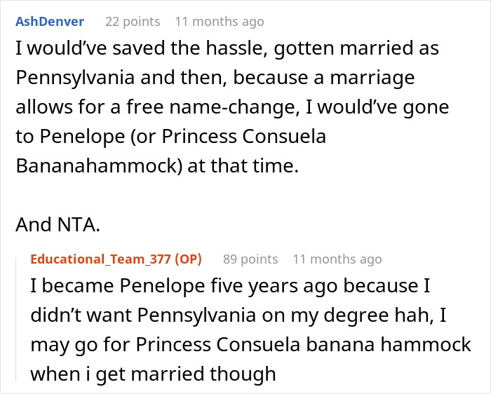 Reddit comment exchange about secretly changing names for five years with humorous suggestions.