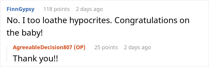 Reddit comments discuss hypocrisy and congratulate a woman on her pregnancy. Reddit comments discuss hypocrisy and congratulate a woman on her pregnancy.