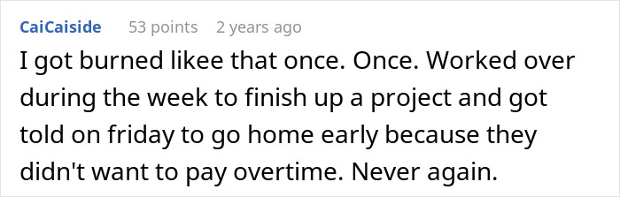 Company Bans Overtime, Employee Obliges And Leaves During A Full-Blown Crisis