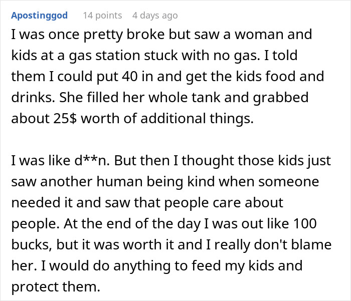 Text story of a good deed snowballing into an unintentional charity act at a gas station.
