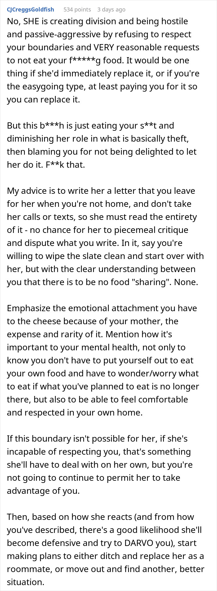 Text about dealing with a roommate stealing cheese, suggesting using a fridge lockbox for security.