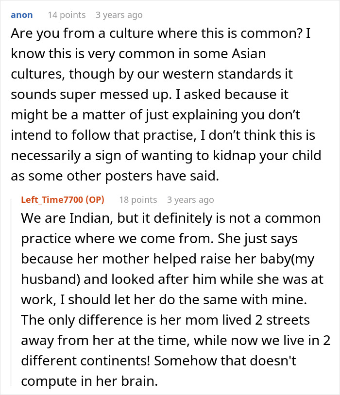 Reddit discussion about MIL&rsquo;s unsettling baby comment, focusing on cultural practices and family boundaries.