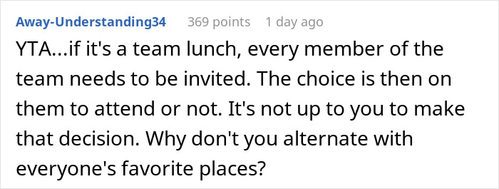 Reddit comment criticizing manager for excluding coworker from BBQ due to her diet.