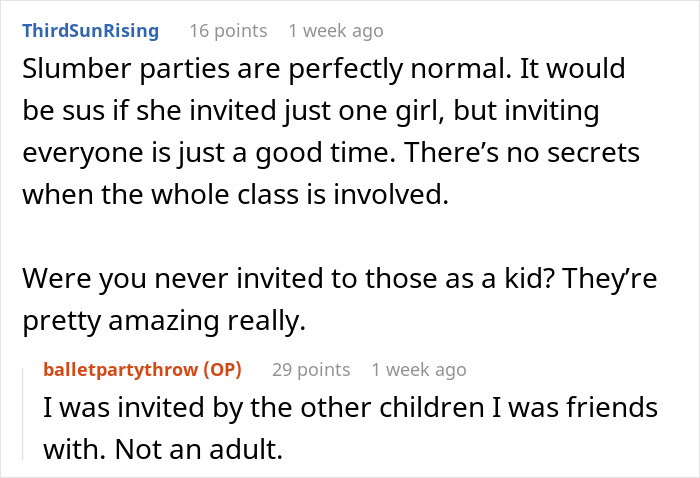 Comments discuss concerns over a dance teacher inviting children to a sleepover, highlighting discomfort with the adult's invitation.