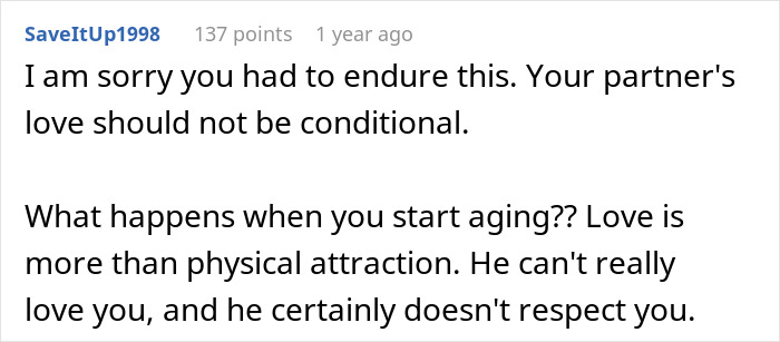 Comment discussing unconditional love after weight loss. Comment discussing unconditional love after weight loss.