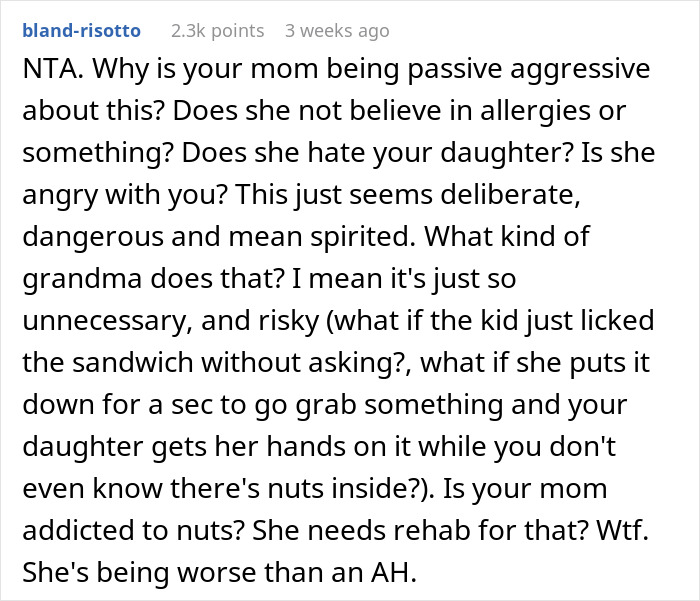 Comment discussing a grandma's dangerous behavior regarding nuts and allergy risks with her granddaughter.
