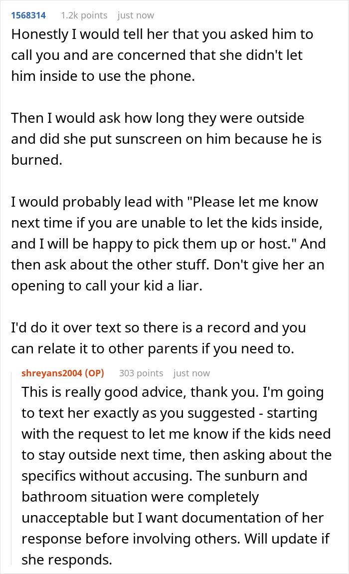 Discussion about kids left in sun without hydration, advice on communication and documentation.