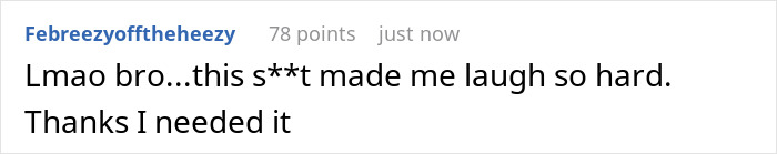 Comment reacting with laughter, discussing faked liking sparkling water, saying "Thanks I needed it.