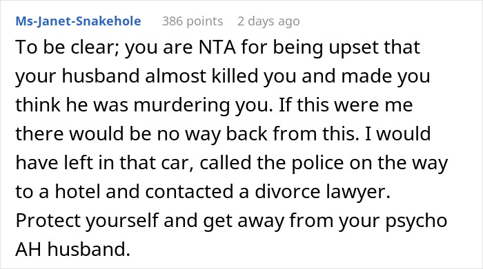 Screenshot of a Reddit comment advising someone upset after a husband dangled them over a parking garage edge prank.