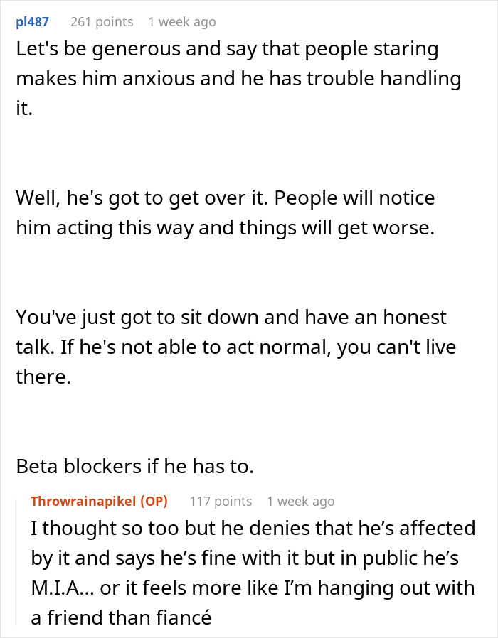 Reddit comment thread discussing a guy's weird behavior affecting his fianc&eacute;e's perception and their relationship.