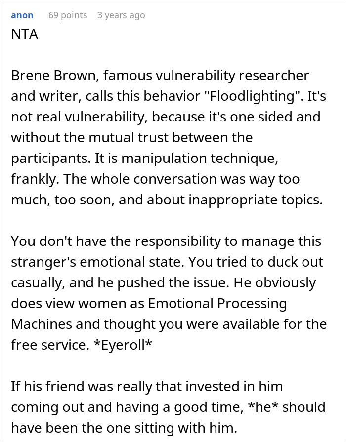 Text post discussing emotional boundaries, oversharing, and vulnerability, referencing Brene Brown and "floodlighting" behavior.