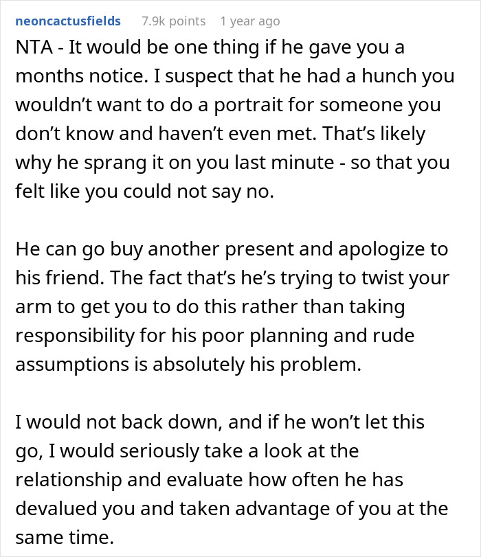 Online comment criticizing a man replacing his girlfriend with AI for refusing to draw a portrait for strangers.