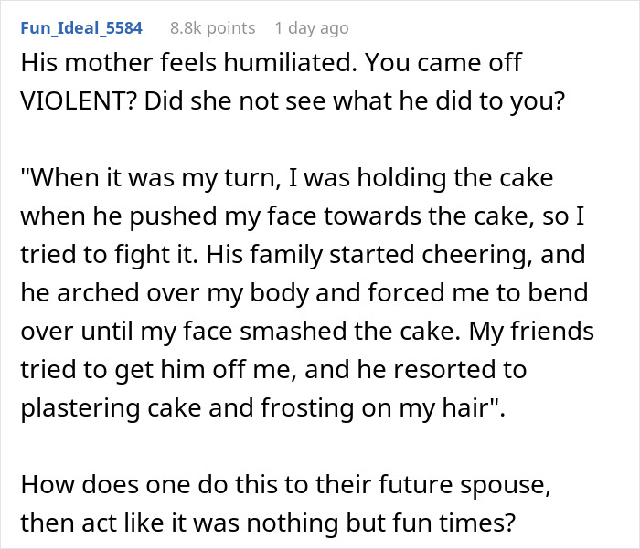 Text describing a cake incident at a birthday party, involving the girlfriend and her friends.