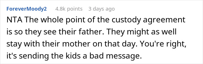 Reddit post comment discussing custody agreement and parenting responsibilities. Reddit post comment discussing custody agreement and parenting responsibilities.