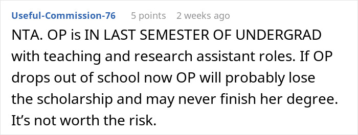 Reddit comment about not changing schedule for babysitting, emphasizing academic commitments and scholarship risk. Reddit comment about not changing schedule for babysitting, emphasizing academic commitments and scholarship risk.
