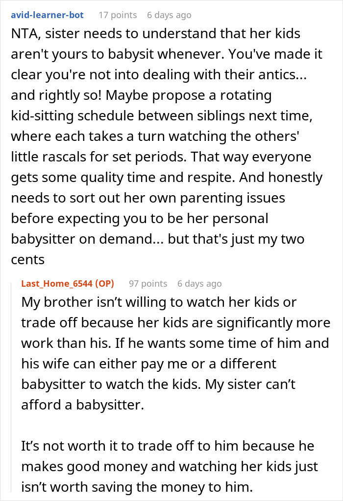 Text discussion about a woman refusing to babysit her sister's kids while regularly babysitting her brother's children.