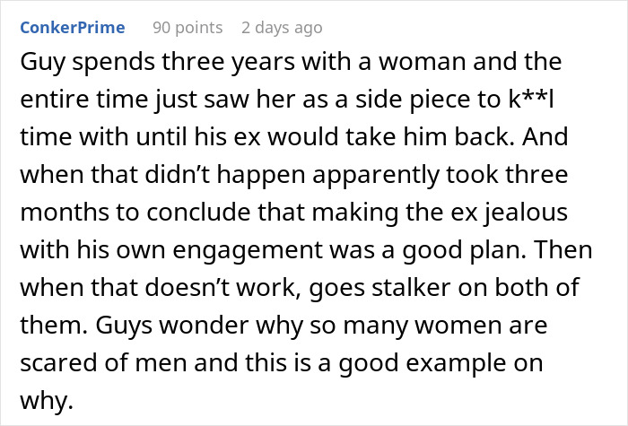 Text describing a man's failed plan involving an upset ex-girlfriend and marriage; a reflection on his misguided actions. Text describing a man's failed plan involving an upset ex-girlfriend and marriage; a reflection on his misguided actions.