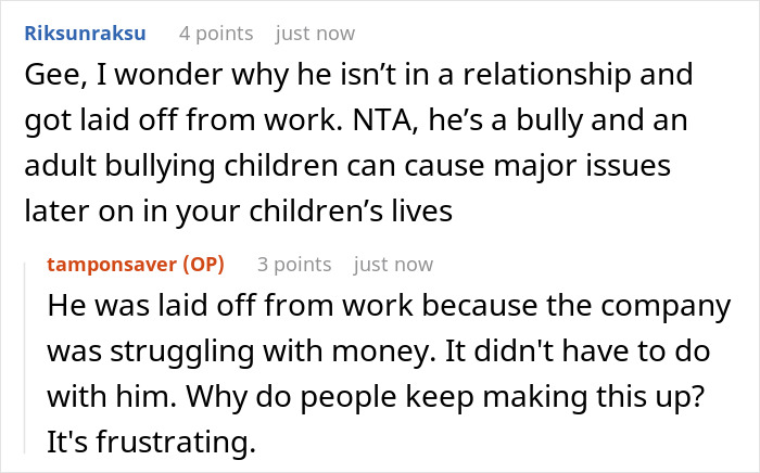 Reddit comments about a guy being banned from vacation for childish behavior, discussing work layoff reasons.