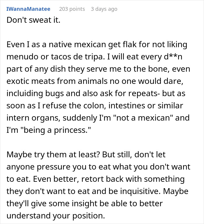 Reddit comment discussing criticism of cultural food preferences and social pressures.