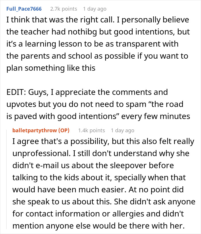 Reddit discussion about dance teacher sleepover invite concerns.