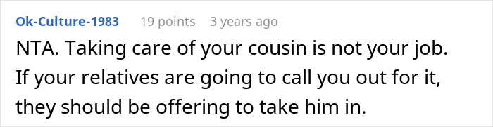 Reddit comment discussing responsibility of taking care of an autistic cousin.