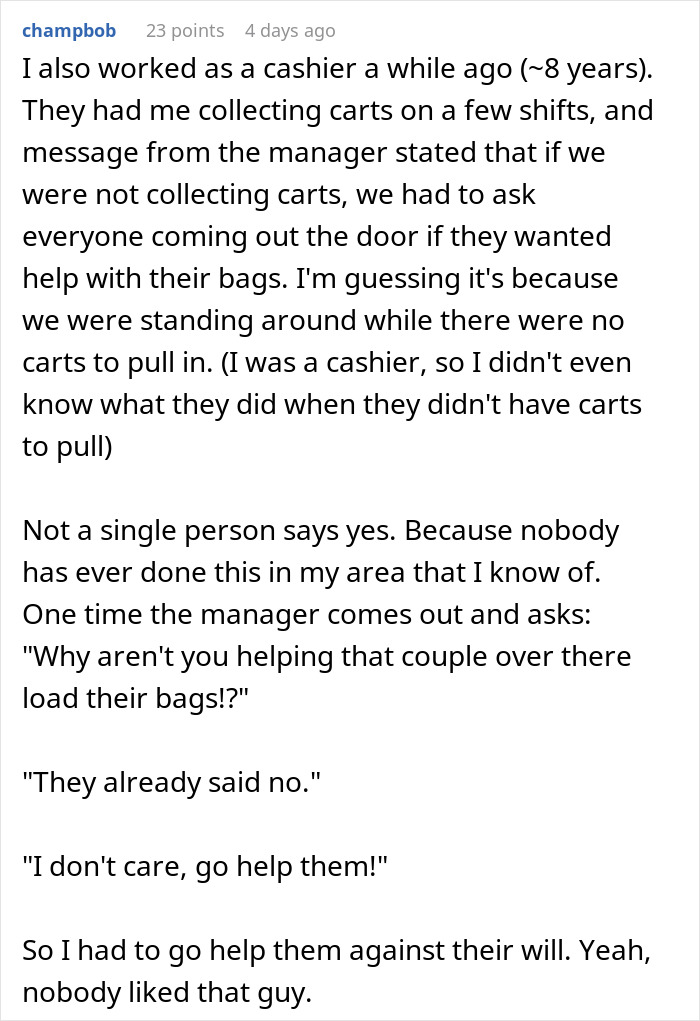 Grocery store employee follows policy precisely, describing a situation where a manager insists on helping customers despite refusals. Grocery store employee follows policy precisely, describing a situation where a manager insists on helping customers despite refusals.