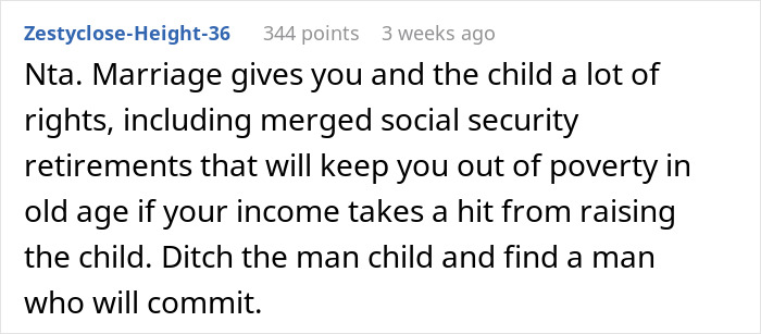 Reddit comment discussing marriage rights and advising commitment over relationships seen as scams.