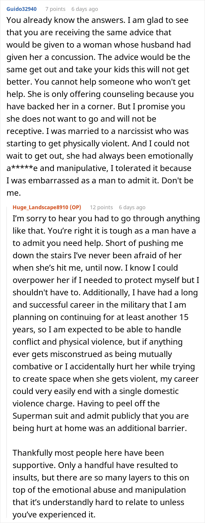 Online discussion on a relationship issue, involving anger and physical violence between partners.