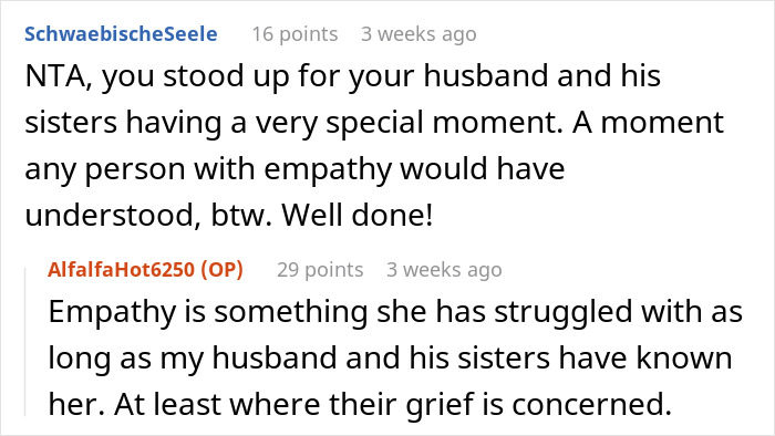 Comments from a user defending a husband&rsquo;s special moment and discussing empathy in a wedding step-mil upset context.