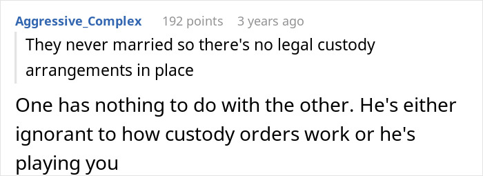 Reddit comment discussing custody and legal arrangements after a breakup.