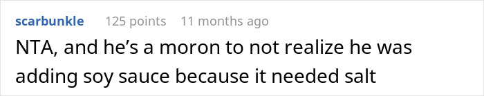 Comment on woman's cooking frustration due to soy sauce misunderstanding.