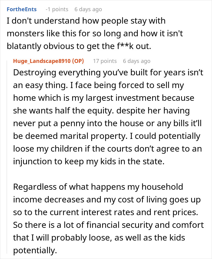 Text from an online forum discussing the impact of financial and marital disputes.