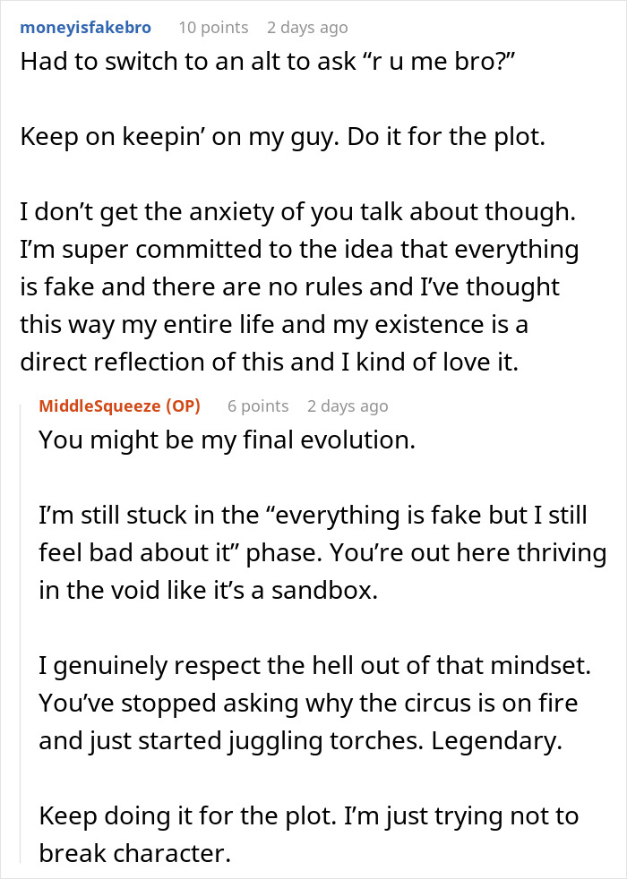 Text conversation about work, mindset, and thriving in chaos, with lighthearted banter and personal reflection.