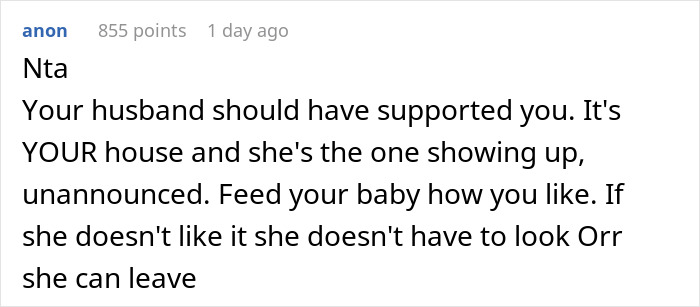 A supportive comment about breastfeeding in a home setting, emphasizing personal choice.