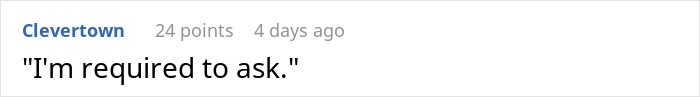 “Text comment saying 'I'm required to ask' from a grocery store employee discussion.” “Text comment saying 'I'm required to ask' from a grocery store employee discussion.”