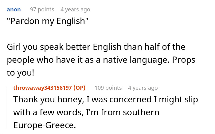 Screenshot of a Reddit comment praising someone's English, with a reply about being from southern Europe.