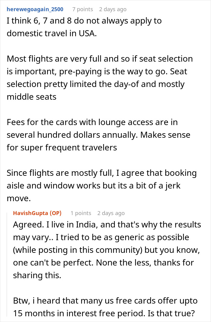 Discussion on affordable flights, domestic travel tips, and credit card perks in a forum thread.
