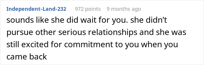 Comment about marriage and relationships, discussing commitment and waiting for a partner's return.