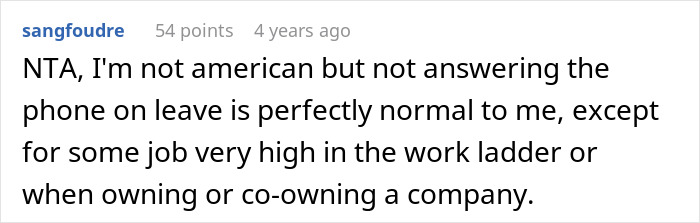 Comment discussing norms about work calls during maternity leave. Comment discussing norms about work calls during maternity leave.