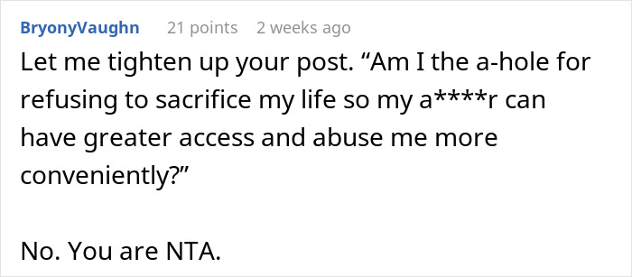 Text exchange discussing a woman refusing care for a cruel father, highlighting years of hardship.